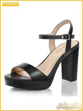 Wide Width Block Heel Platform Sandals Faux Leather Open Toe Ankle Strap Heels